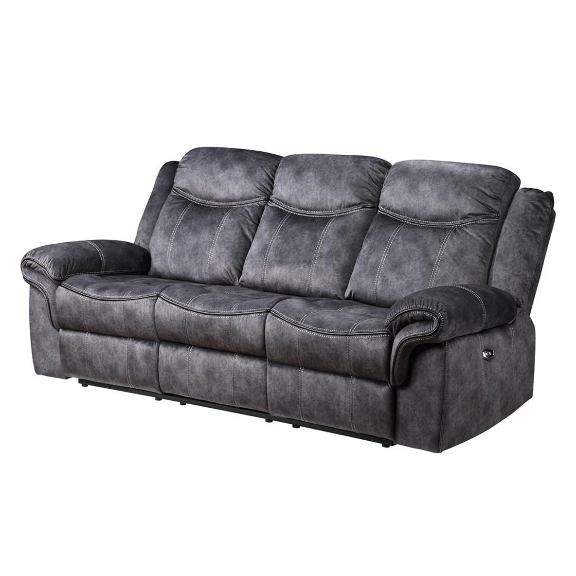 The Jimny - Domino Power Reclining Sofa is a grey three-seater with plush cushions and padded armrests on a white background. Its sleek, modern design features soft, textured fabric and side reclining buttons.