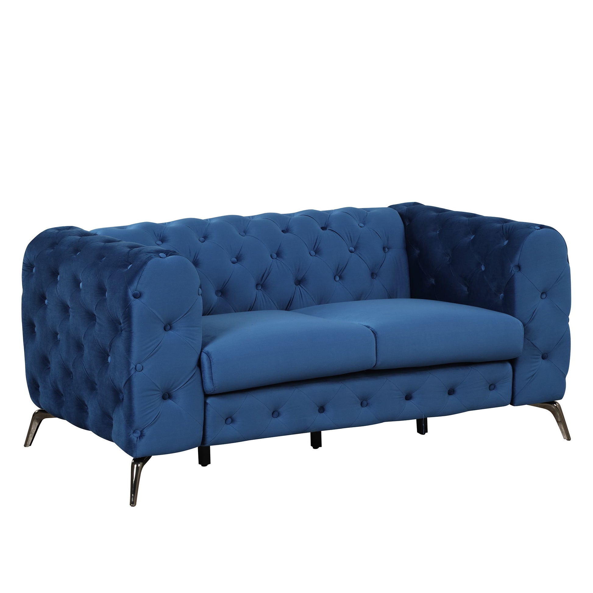 A Velvet Upholstered Loveseat Sofa, modern with a button-tufted back and plush cushions, seats two people. It has metallic legs for a modern touch and is displayed on a plain white background. Perfect for living rooms, bedrooms, or small spaces.