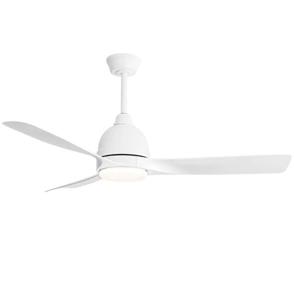 The Modern Ceiling Fan features a minimalist white design with three sleek blades, a central light fixture, a short downrod, and advanced controls via a 6-speed remote or smart app for dimmable lighting and reversible DC motor functionality.