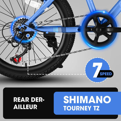 Close-up of the rear wheel and derailleur on the S20101 20" Kids' Bike, showcasing the Shimano Tourney TZ system with a bold "7 Speed" label and "Rear Derailleur Shimano Tourney TZ" text on a black background.