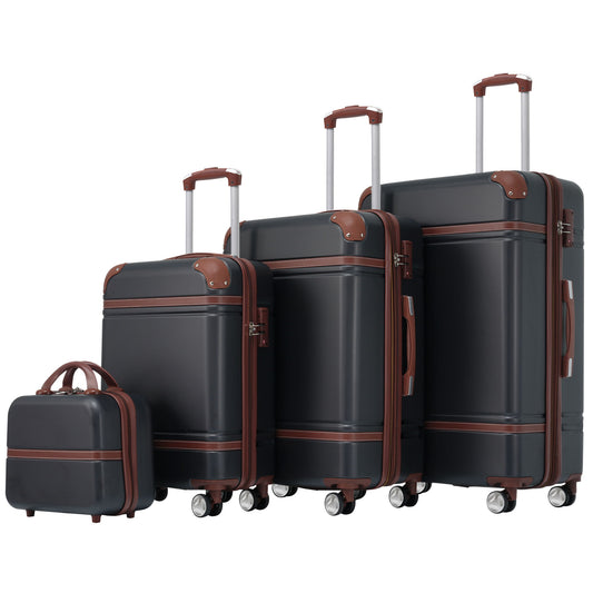 The Hardshell Luggage Set includes four pieces: 20", 24", and 28" spinner suitcases with telescopic handles and wheels, plus a cosmetic case without wheels. Each piece features gray and brown colors with dark brown trim.