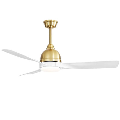 The Modern Ceiling Fan features a sleek gold-colored mounting, a central light fixture, and three streamlined white blades. It includes a dimmable reversible DC motor, smart app control, and 6-speed remote control for minimalist design appeal against a plain white background.