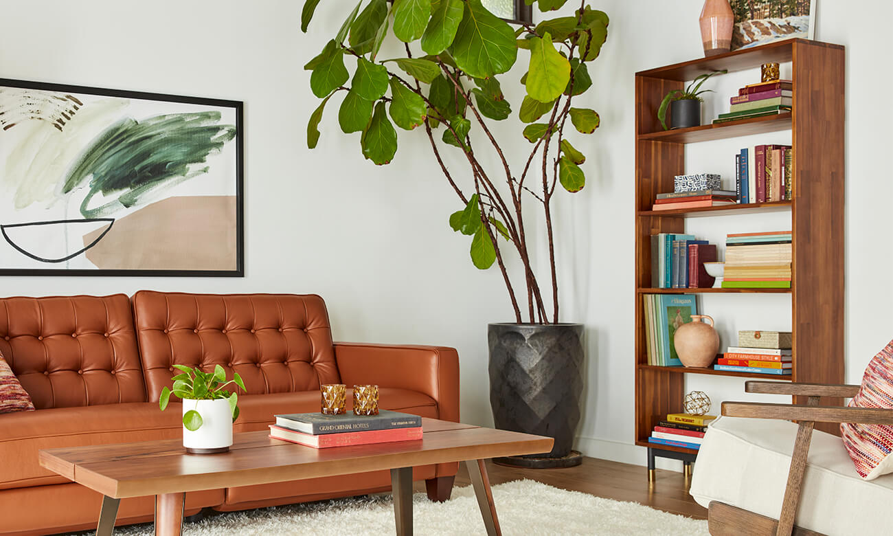 A cozy living room features a brown leather sofa with tufted cushions, a wooden coffee table with books and a potted plant, a tall bookshelf filled with books and decor items, a large green plant in a dark pot, and a framed abstract art piece on the wall.