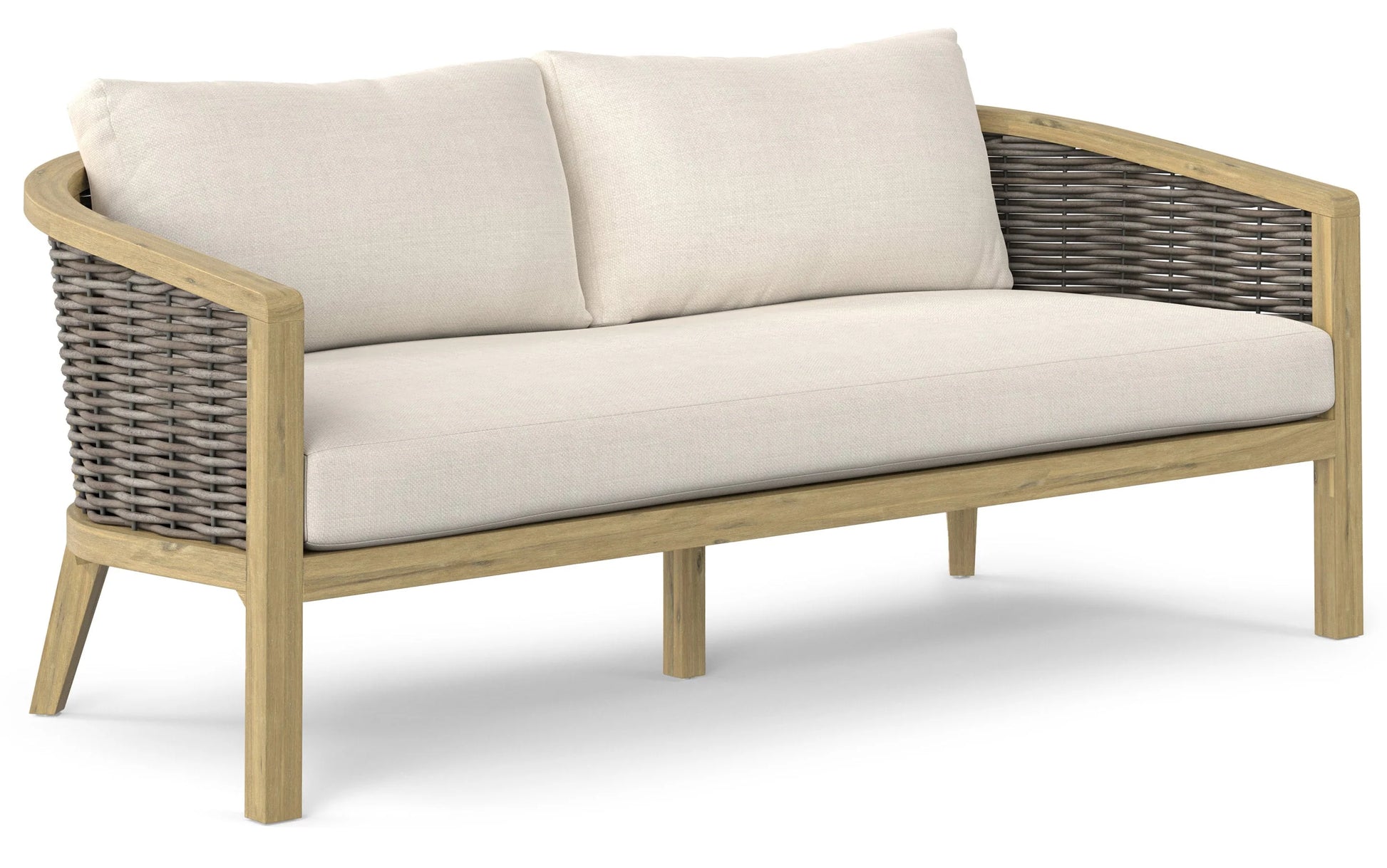 Experience modern outdoor relaxation with the Parkside Outdoor Sofa, featuring a stylish design and comfortable seating. This chic loveseat boasts a light wood frame, woven wicker back, and two plush off-white cushions, making it an ideal addition to any patio or garden.