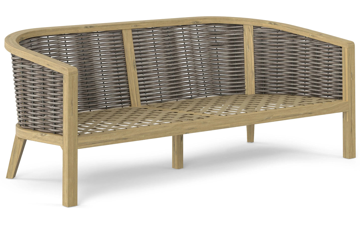 Introducing the Parkside Outdoor Sofa: Featuring a wooden frame and curved backrest, this stylish loveseat is crafted with tightly woven material in a dark hue. Its slightly angled legs add both support and elegance to your outdoor setting.