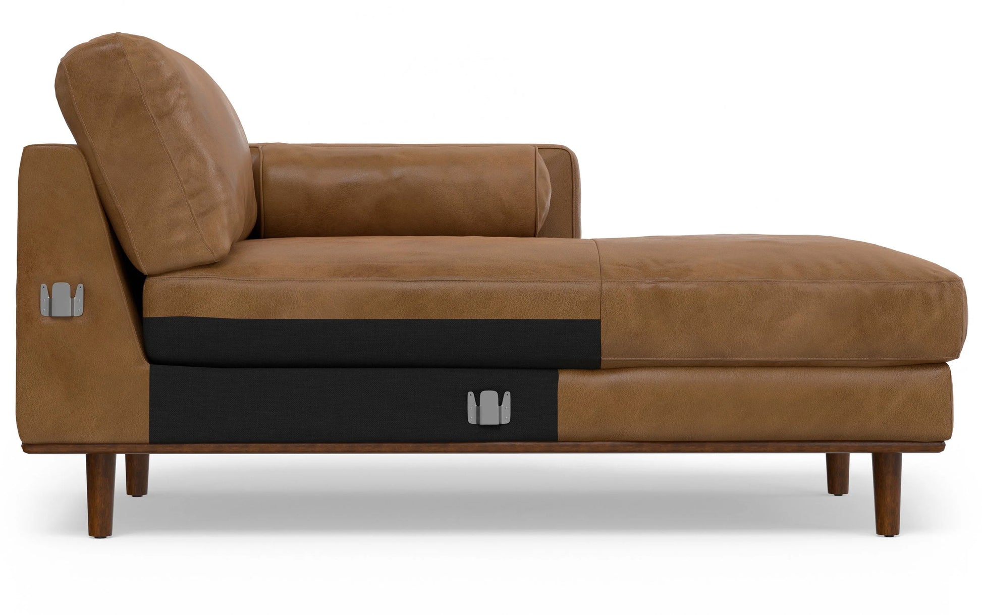 Introducing the Morrison Mid Century Sectional in Genuine Leather, featuring a sleek and modern design with a brown leather chaise lounge and dark accent panels on the base, all elegantly supported by wooden legs.