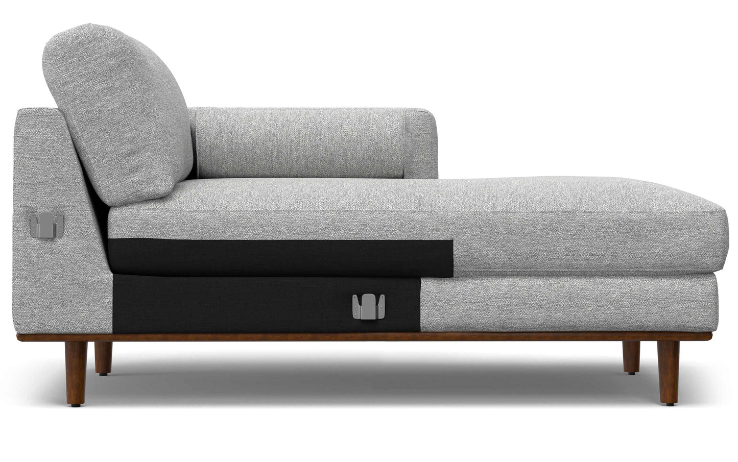 Introducing the Morrison Mid Century Sectional in Genuine Leather: a contemporary gray chaise lounge with thick cushioning, a coordinating backrest, and sturdy wooden legs. The design incorporates sleek black accents on the lower section for a chic, minimalist aesthetic.