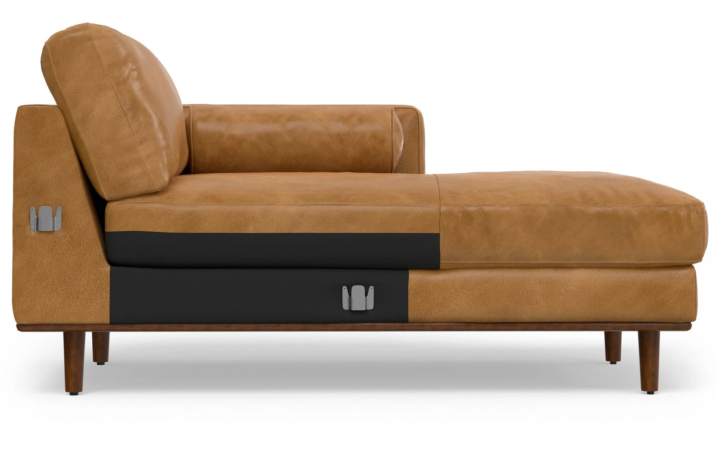 The Morrison Mid Century Sectional in Genuine Leather is a brown leather chaise lounge with a sleek, modern design. It includes plush cushions, a supportive left-side armrest, and wooden legs. Metal accents on the side enhance its contemporary appeal.