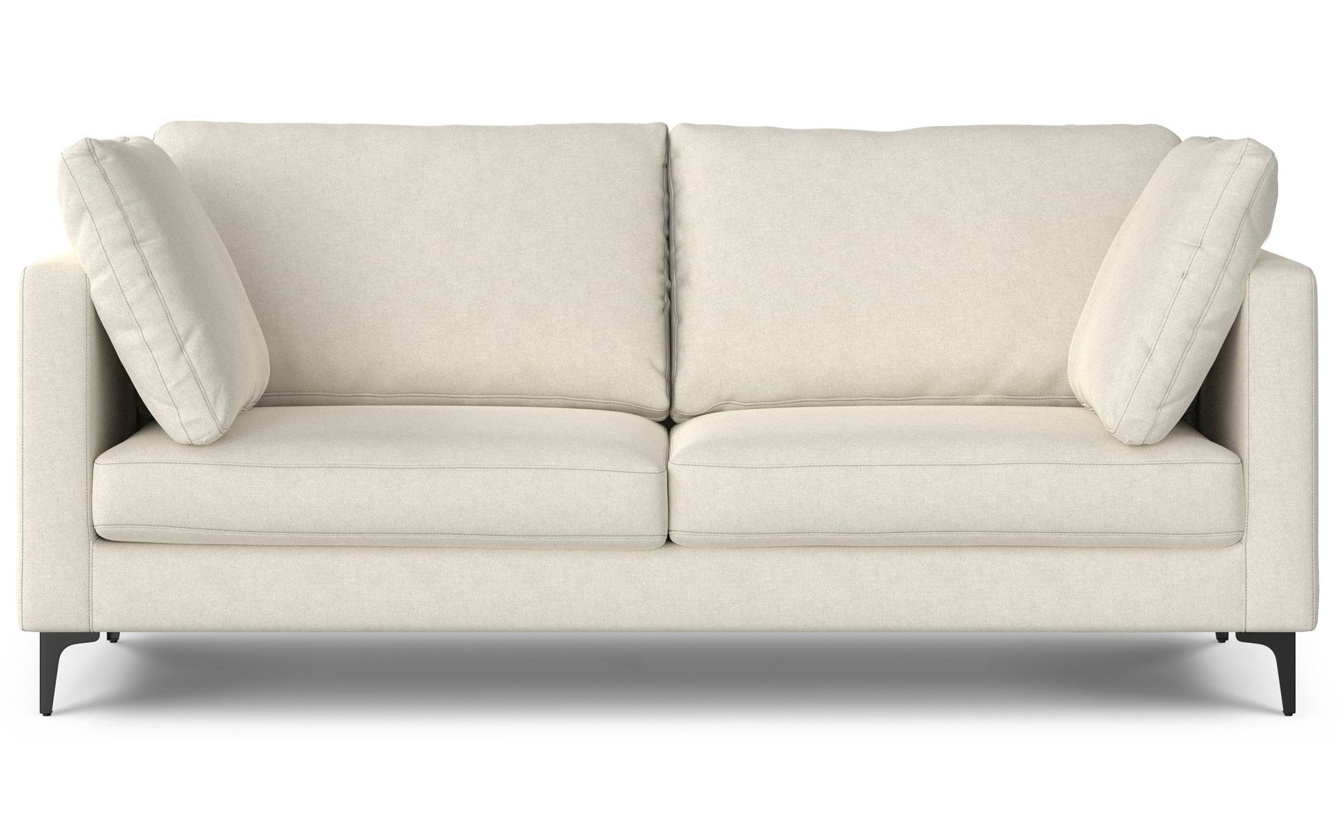 The Ava 90-Inch Mid Century Sofa showcases a minimalist design with clean lines. It features two large cushions on each side and sleek black metal legs, all set against a plain white background. The modern sofa comes in an elegant beige color.