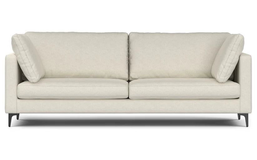 Introducing the Ava 90-Inch Mid Century Sofa: This stylish beige sofa showcases a minimalist design with two seat cushions and two back cushions. It features slender armrests with angled accent pillows on each side and is supported by sleek, dark legs.