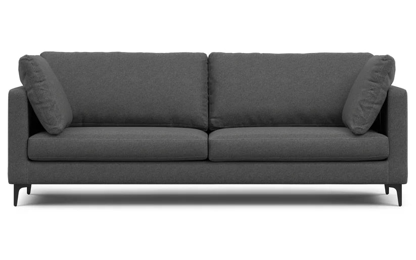 The Ava 90-Inch Mid Century Sofa, in charcoal gray, features a modern design with clean lines and two cushions. Its minimalist aesthetic is complemented by low, black legs that provide a sleek and contemporary appearance.