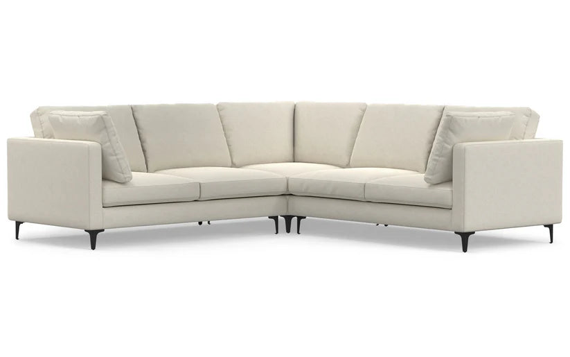 Introducing the Ava 90-Inch Mid Century Sofa, a contemporary L-shaped cream sectional with sleek black tapered legs. This sofa boasts plush cushions for a cozy and chic seating arrangement, making it an ideal centerpiece for any living room or lounge area.