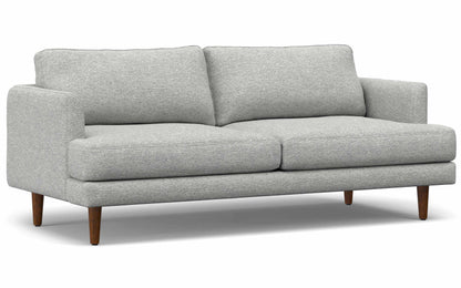 A modern Livingston 90-Inch Mid Century Sofa, featuring a two-seater design with grey fabric upholstery, clean lines, and wooden legs, is set against a white background. The plush cushions provide a comfortable seating option for any contemporary living space.