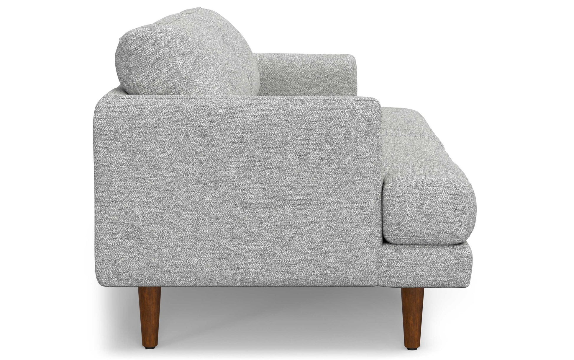 Side view of the Livingston 90-Inch Mid Century Sofa, featuring a modern design with clean lines and plush cushions. This gray sofa has wooden legs and textured fabric, embodying a minimalist and contemporary style.