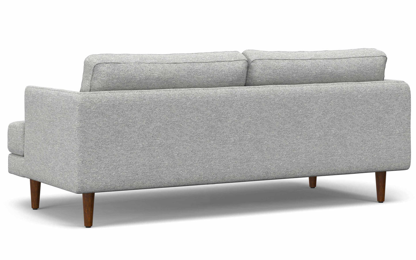 The Livingston 90-Inch Mid Century Sofa is showcased from the back, highlighting its sleek grey design. It features two large back cushions and stands on four wooden legs, enhancing its elegant and contemporary appearance.