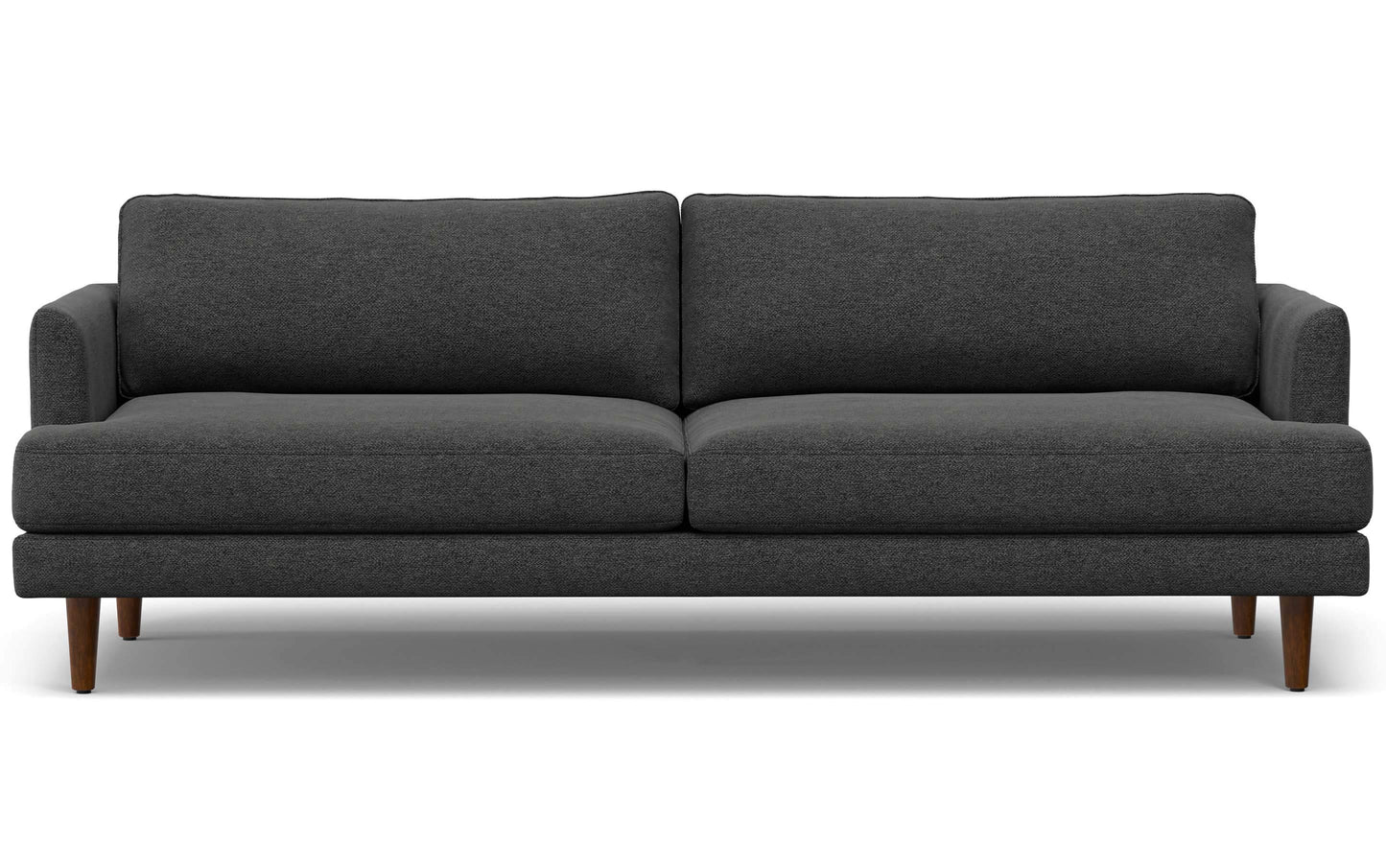 The Livingston 90-Inch Mid Century Sofa boasts a modern design with dark gray upholstery and wooden legs. It includes two seat cushions and two back cushions, all crafted from soft, textured fabric. The minimalist style is highlighted against a white background.