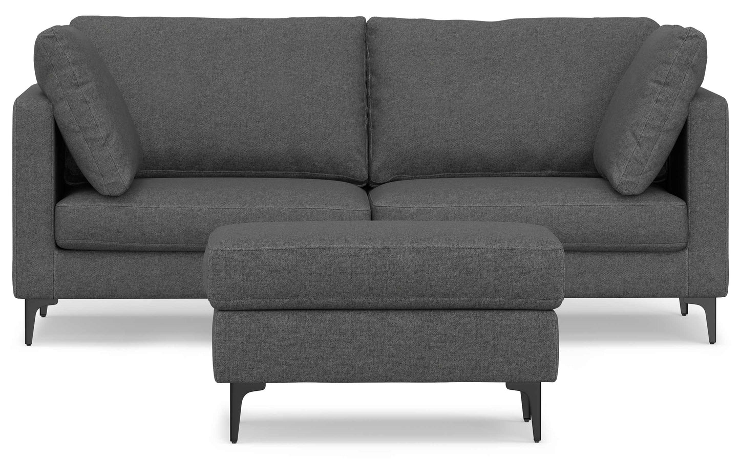 Introducing the Ava 90-Inch Mid Century Sofa: a sleek and contemporary dark gray sofa accompanied by two cushions and a matching ottoman. It boasts a minimalist design with straight lines, slender black legs, all elegantly displayed against a white background.