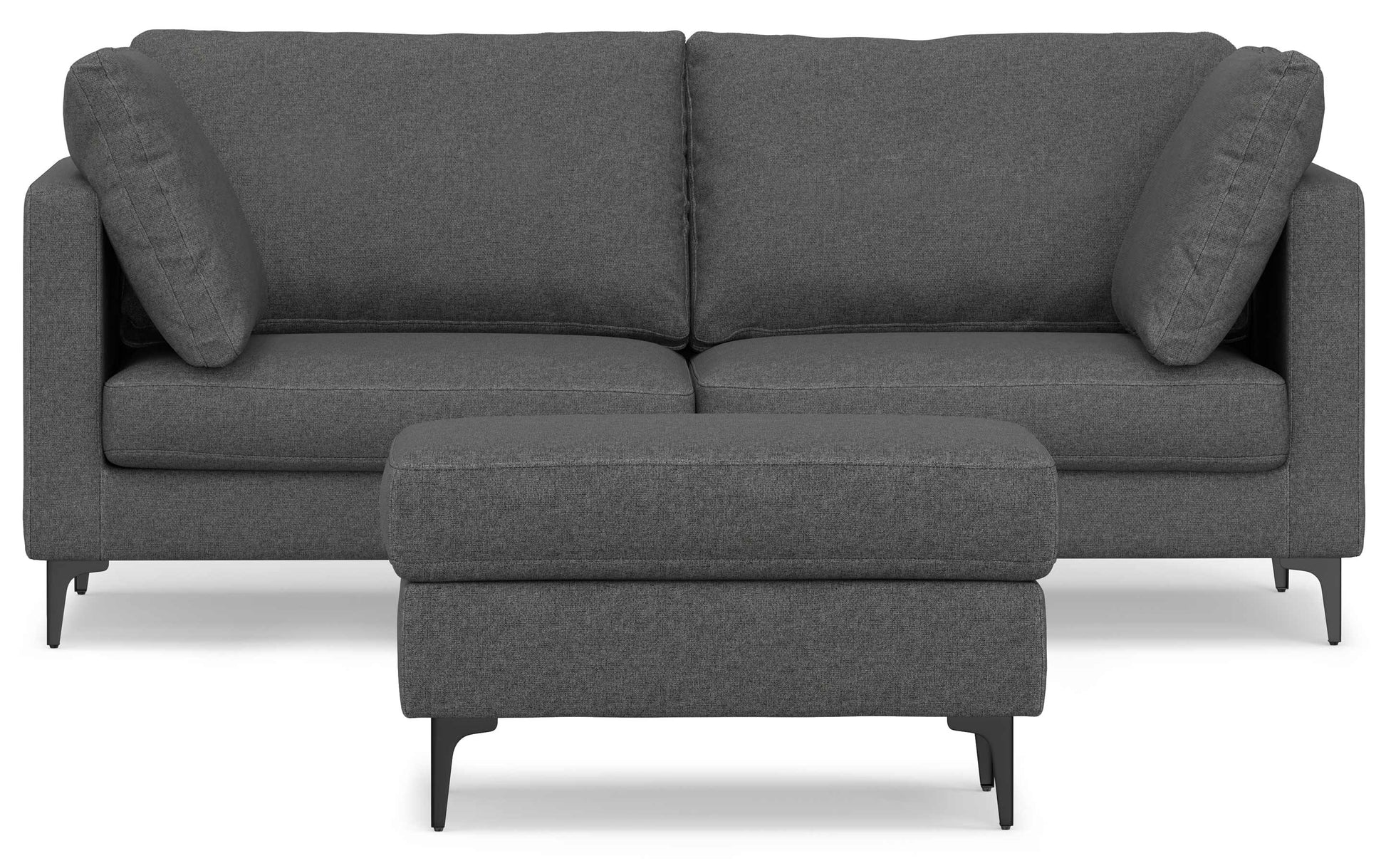 Introducing the Ava 90-Inch Mid Century Sofa: a sleek and contemporary dark gray sofa accompanied by two cushions and a matching ottoman. It boasts a minimalist design with straight lines, slender black legs, all elegantly displayed against a white background.