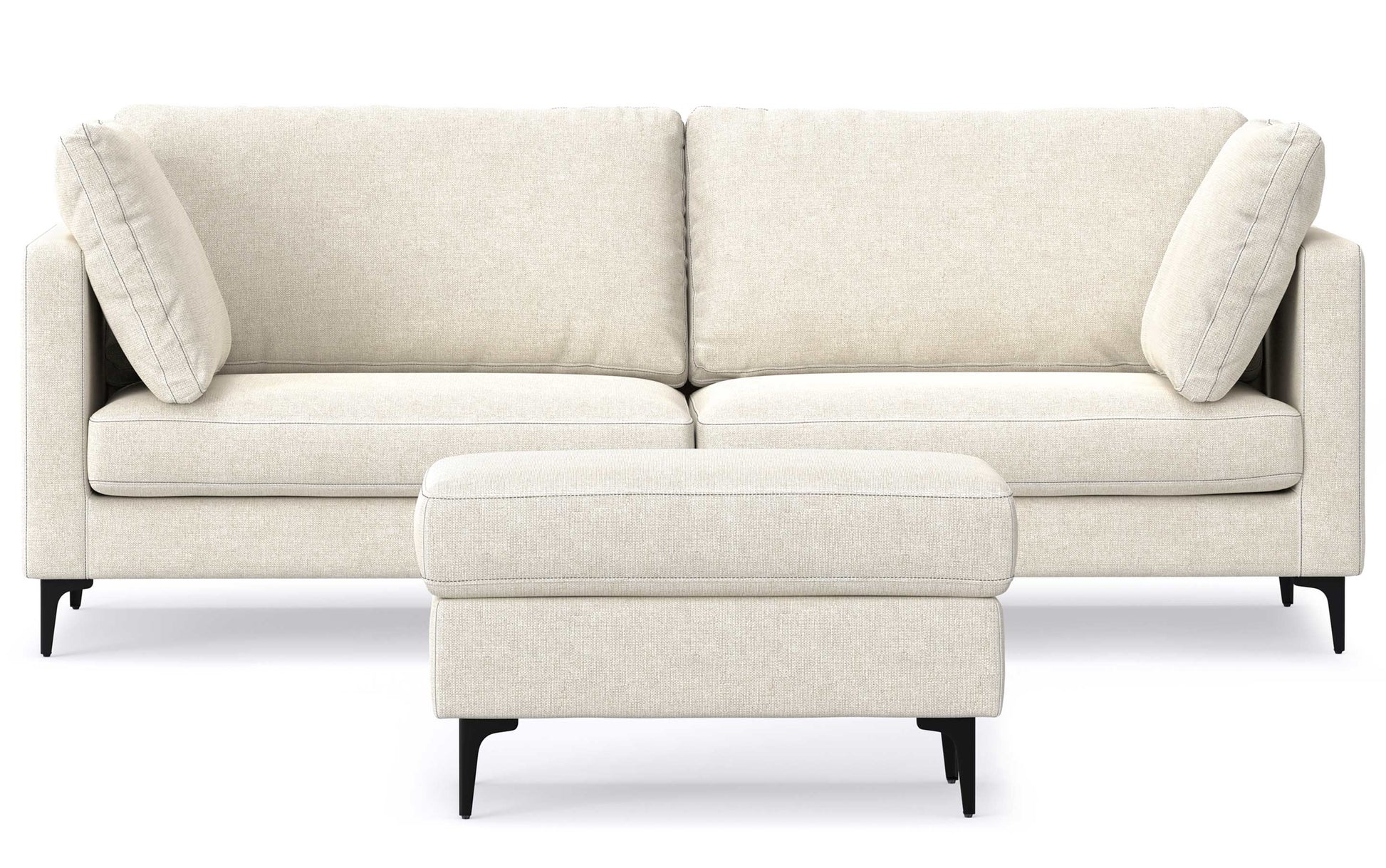 The Ava 90-Inch Mid Century Sofa, featuring two large back cushions and angled armrests, comes with a matching rectangular ottoman. The set boasts black tapered legs, lending a modern and minimalist aesthetic against a plain white backdrop.