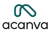 Abstract teal shape above the word 'Acanva' in a black font. 