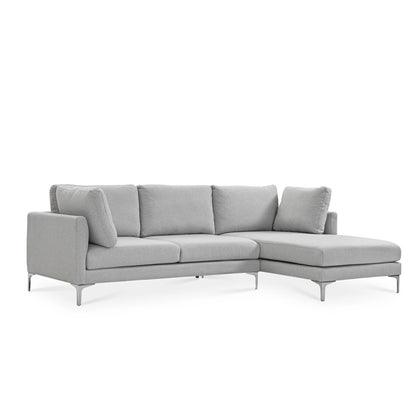 The Adams Chaise Sectional Sofa by Castlery boasts a sleek modern design with metal legs, featuring three seat cushions and a right-side chaise. Its clean lines and plush back pillows ensure a cozy, stylish aesthetic.