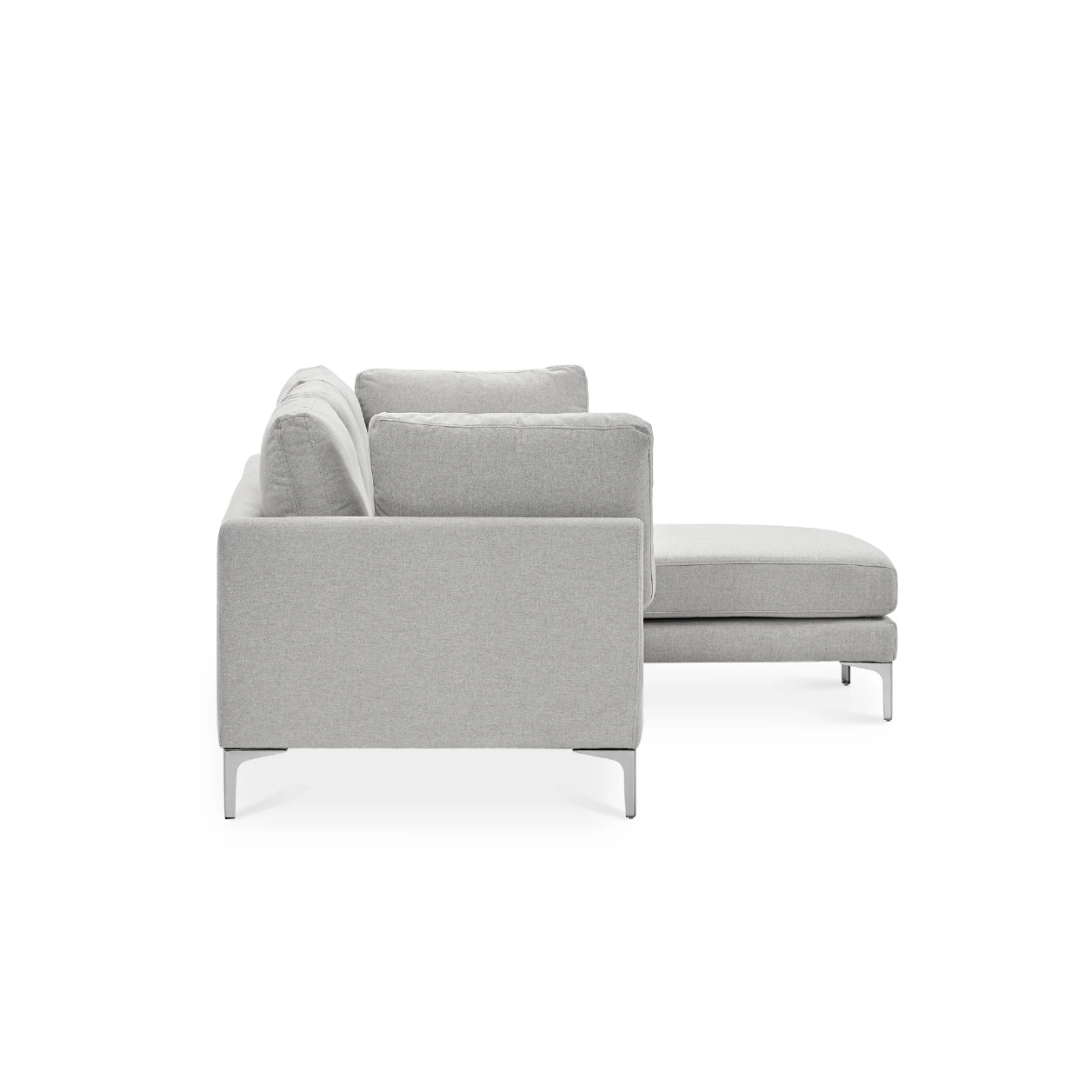 Side view of the Adams Chaise Sectional Sofa | Sleek Modern Comfort by Castlery, featuring gray upholstery and metal legs. This sofa includes a left-facing chaise, thick cushions, and boasts a minimalist design set against a white background.