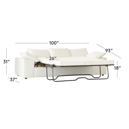 The Algora 100" White Performance Fabric Sleeper Sofa measures 100 inches in width, 37 inches in depth, and 31 inches in height. When extended as a bed, it features a depth of 93 inches and a height of 18 inches, with the mattress unfolding to measure 26 inches.