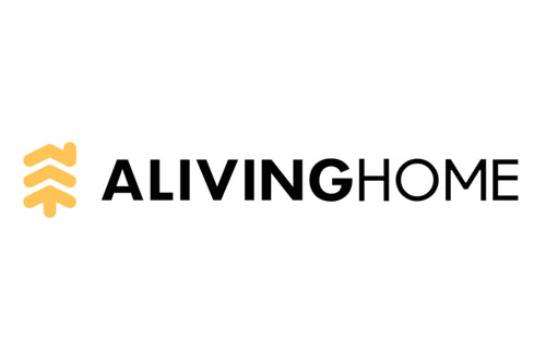 Logo with the text "ALIVINGHOME" in black. To the left, there is a stylized yellow leaf or tree design. The background is white.