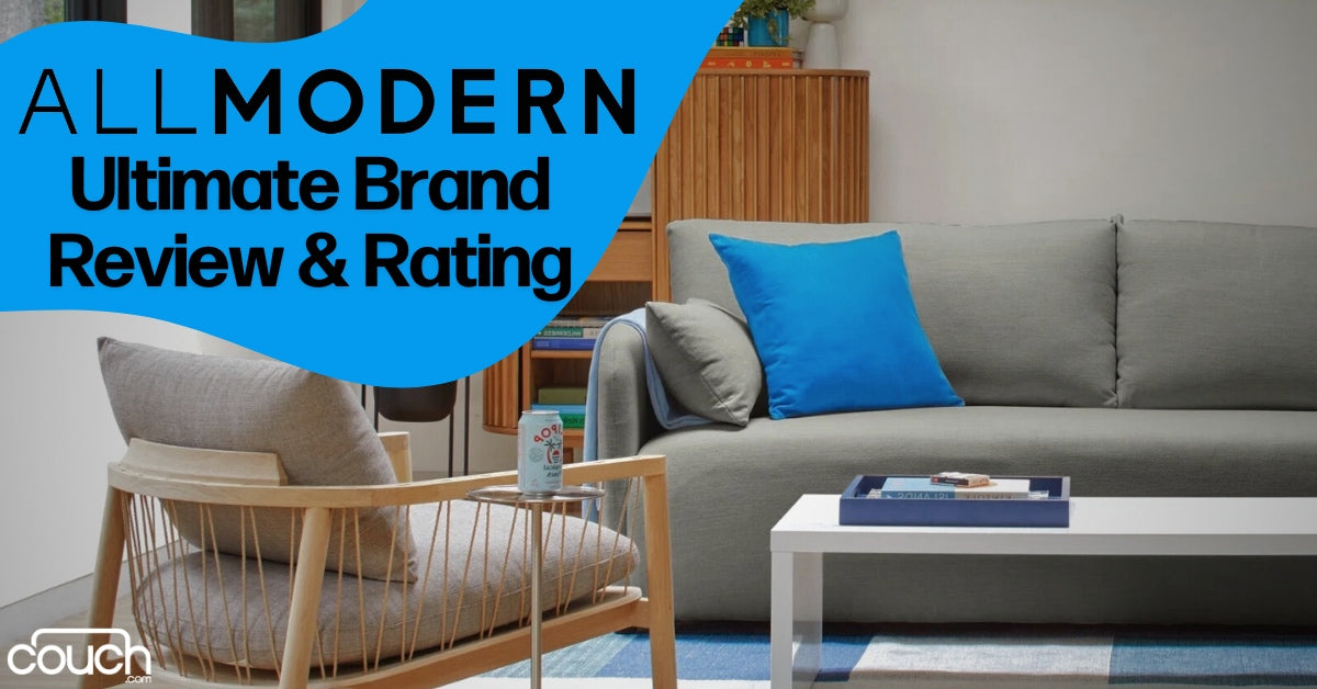 A modern living room with a gray sofa and blue pillow, a wooden chair beside it, and a white coffee table. A can of sparkling water sits on the table. The text reads: "All Modern Ultimate Brand Review & Rating.