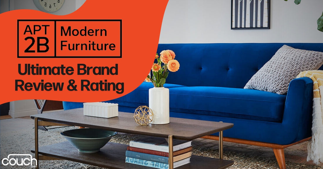 A stylish living room features a vibrant blue sofa with patterned cushions. A wooden coffee table with decorative items is in front. A sign labeled "APT 2B Modern Furniture" highlights a brand review and rating.