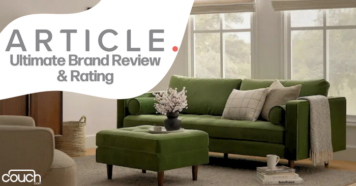 A living room with a green sofa and a matching ottoman. The sofa has beige and plaid throw pillows. A small potted plant and a stack of books are on the ottoman. The room is well-lit by large windows in the background. Text reads, "ARTICLE. Ultimate Brand Review & Rating.