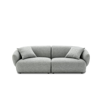 The Auburn Performance Fabric Sofa is a modern piece in a light gray fabric, boasting a rounded design complete with two matching pillows. It features plush, curved armrests and embodies a minimalist, contemporary style set against a plain white background.