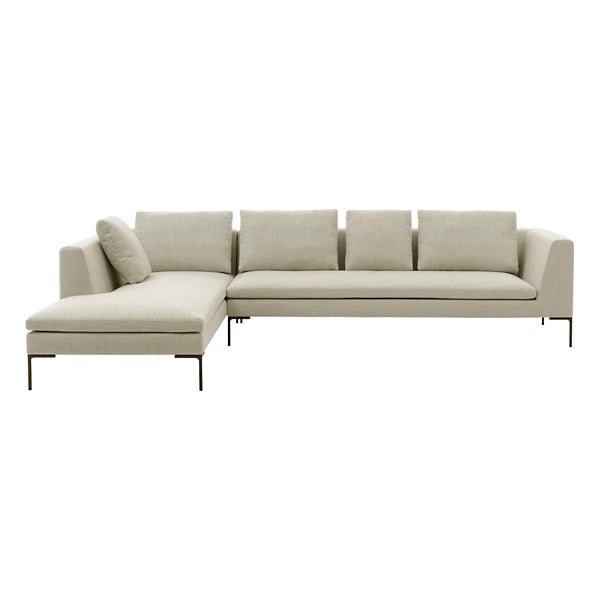 The Charles Left Arm Sectional Sofa by B&B Italia is a contemporary L-shaped sofa in beige, featuring metal legs and five back cushions, set against a white background.