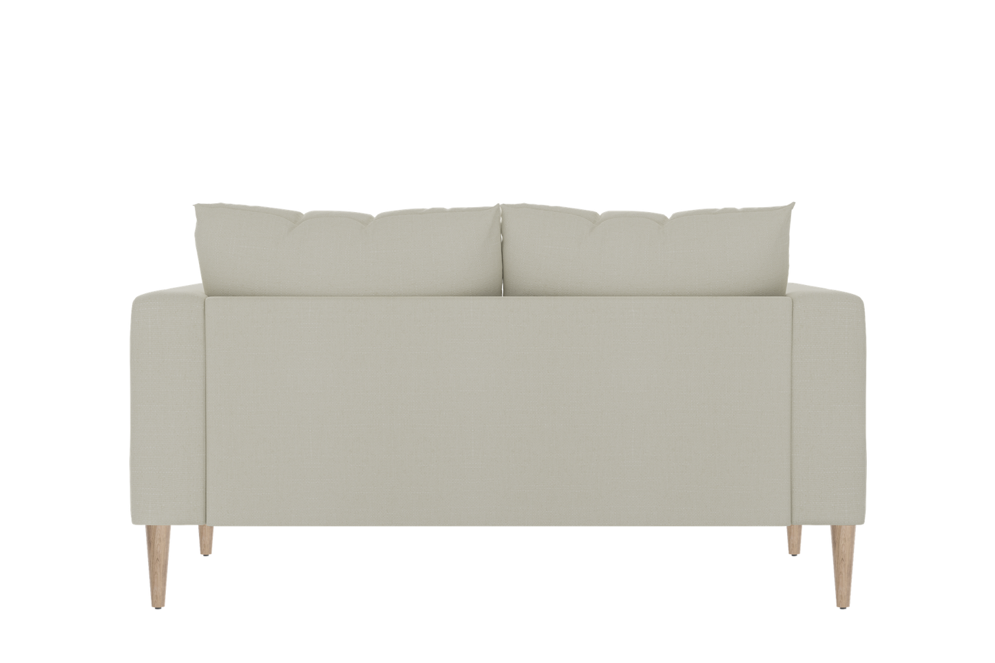 The back view of The Essential Loveseat showcases a minimalist design with two beige back cushions, sleek lines, and wooden legs, set against a plain black background.