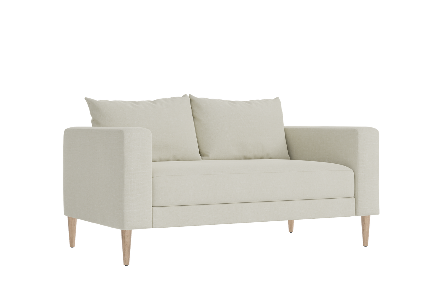 Introducing "The Essential Loveseat," a stylish contemporary beige piece featuring two back cushions and wooden legs, elegantly showcased against a black background.