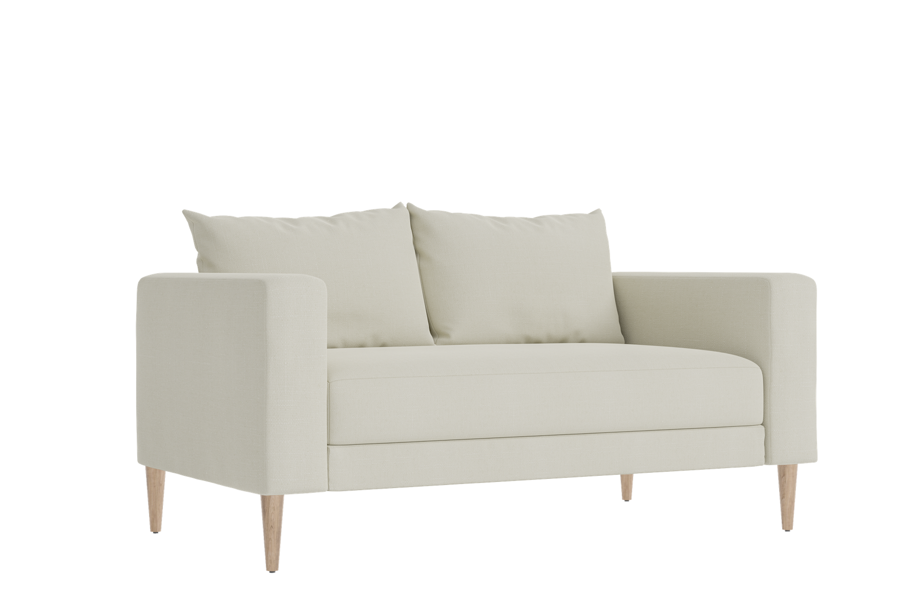 Introducing "The Essential Loveseat," a stylish contemporary beige piece featuring two back cushions and wooden legs, elegantly showcased against a black background.