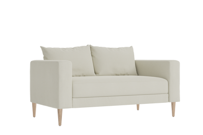 Introducing "The Essential Loveseat," a stylish contemporary beige piece featuring two back cushions and wooden legs, elegantly showcased against a black background.