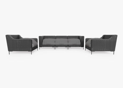 A contemporary Black Wicker Outdoor Sofa with Armchairs – Five Seat featuring a three-seater sofa and two armchairs, all adorned with gray cushions, stylishly arranged against a white backdrop.