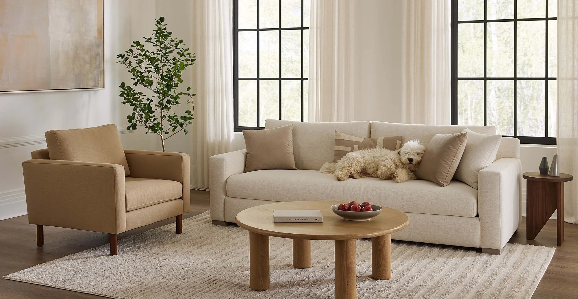 A cozy living room with a beige sofa, light brown cushions, and a fluffy white dog lying on it. A matching armchair sits to the left. A round wooden coffee table with books and a bowl of apples is in front. The room has large windows with sheer curtains and a potted plant.
