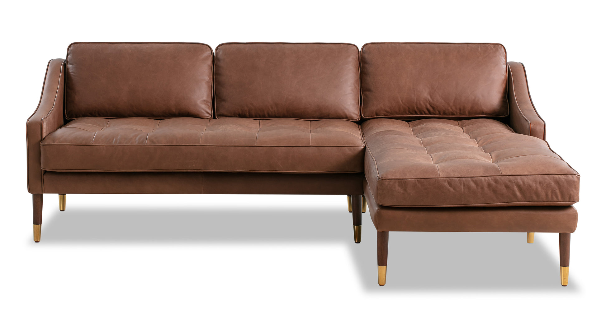 The Brando 83" Leather Sofa Right-Facing Sectional is a brown leather sectional sofa featuring tufted cushions and gold-tipped wooden legs. It has three cushions on the backrest and an extended right-facing chaise that creates an L-shape, all displayed against a plain white background.