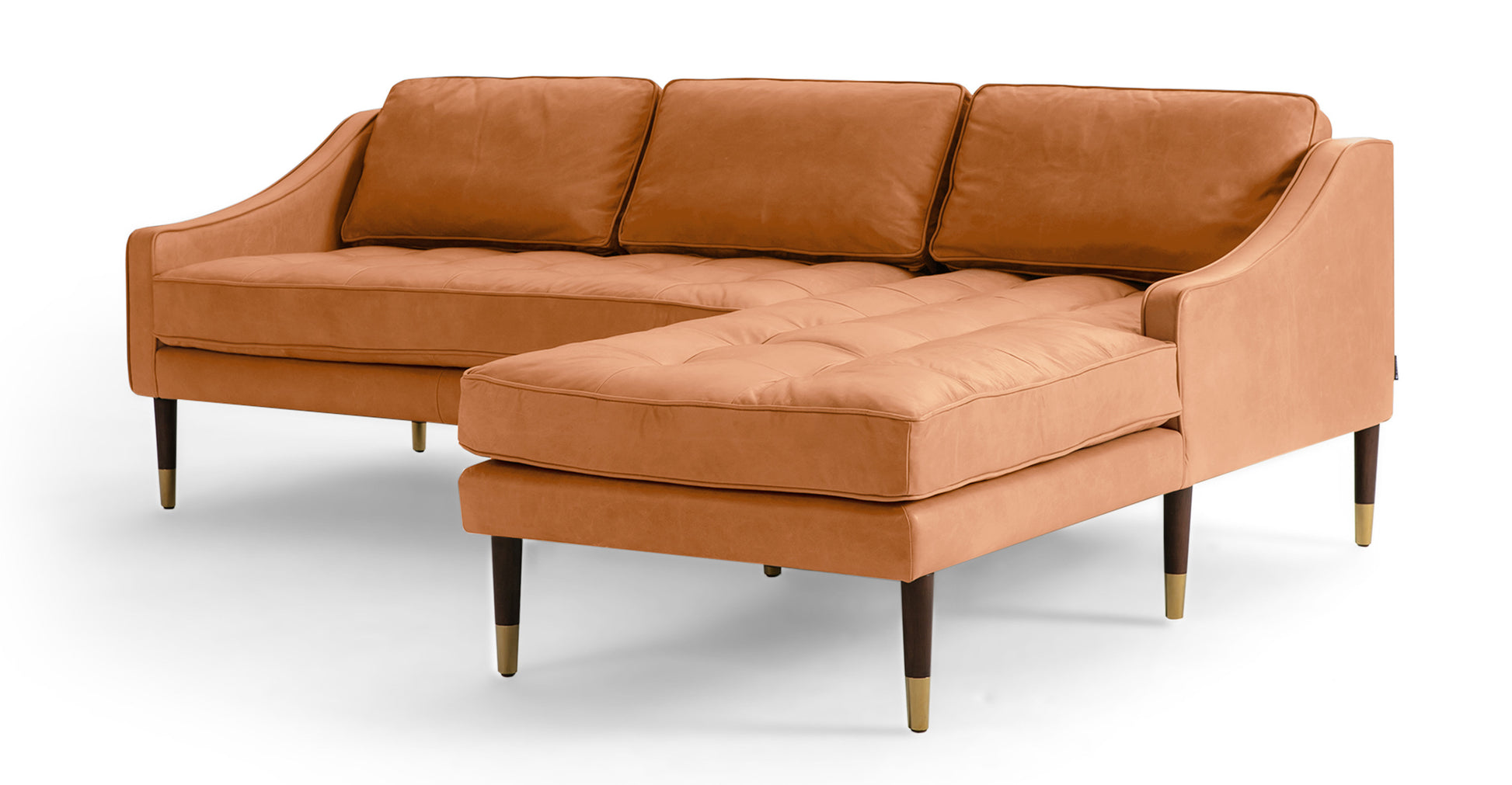 Introducing the Brando 83" Leather Sofa Right-Facing Sectional: A contemporary and elegant piece, this sectional features three seat cushions and an extended chaise lounge. Crafted in a modern brown leather finish, it boasts sleek armrests and black tapered legs with gold tips.