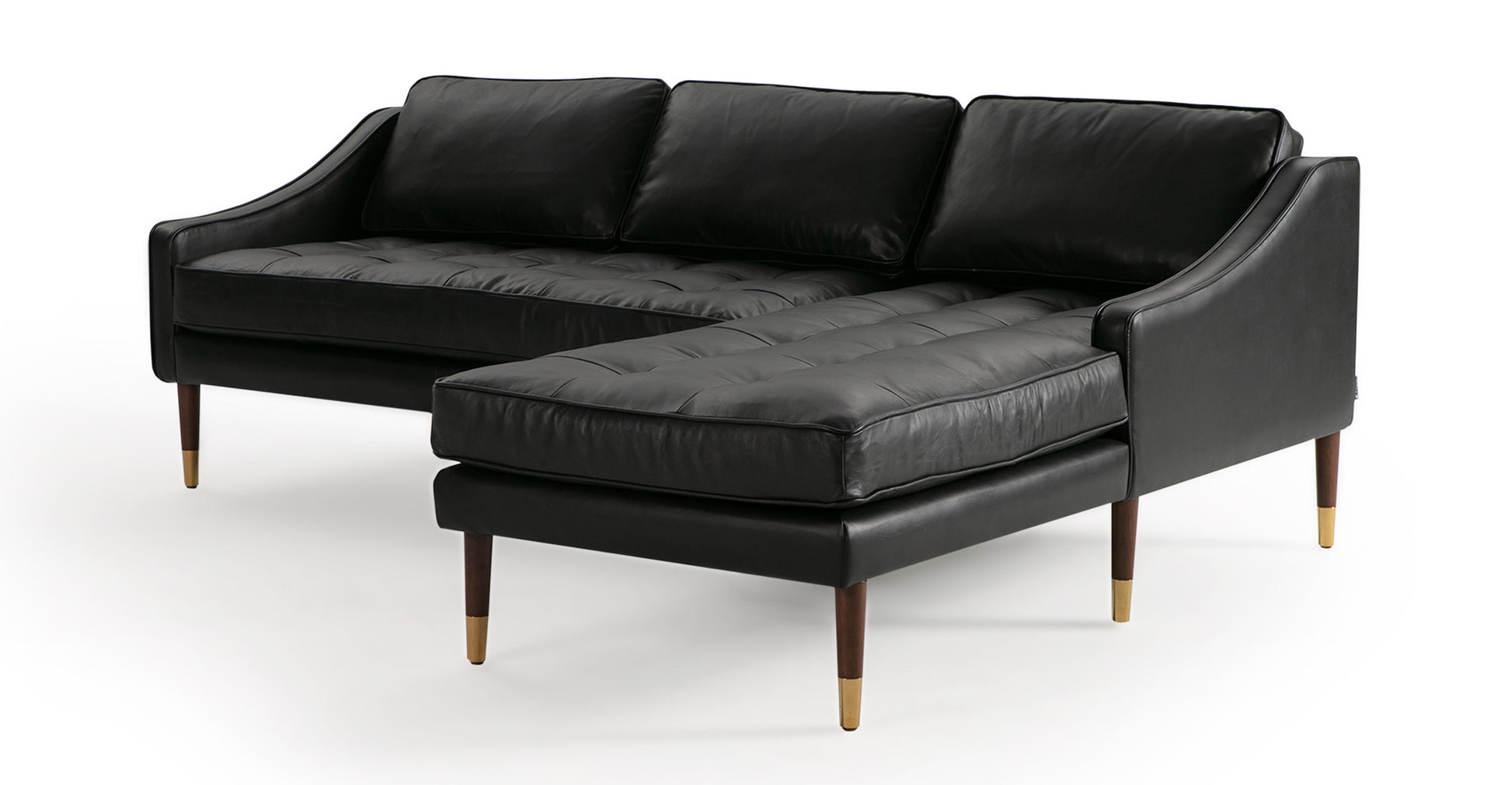 Introducing the Brando 83" Leather Sofa Right-Facing Sectional: A contemporary black leather sectional sofa complete with a chaise lounge. It showcases three seat cushions and a tufted design, all elegantly supported by wooden legs enhanced with metal accents, embodying a sleek and minimalist style.