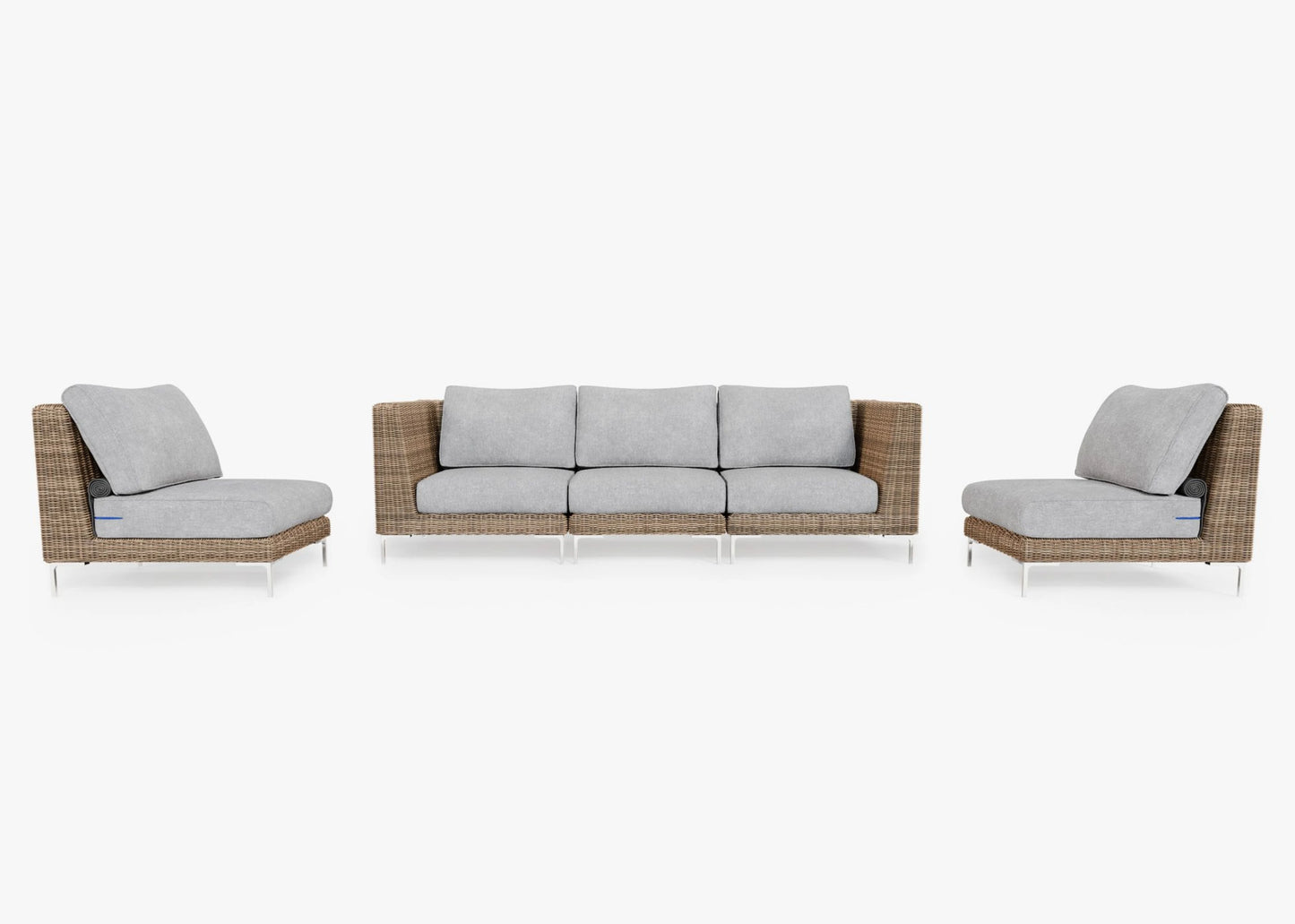 A five-seat outdoor furniture set on a white background, featuring a sofa and two armless chairs with brown wicker frames and soft gray cushions, creating a modern and comfortable seating arrangement.