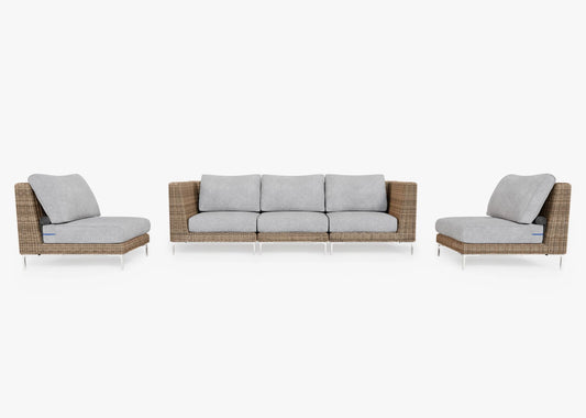 A five-seat outdoor furniture set on a white background, featuring a sofa and two armless chairs with brown wicker frames and soft gray cushions, creating a modern and comfortable seating arrangement.