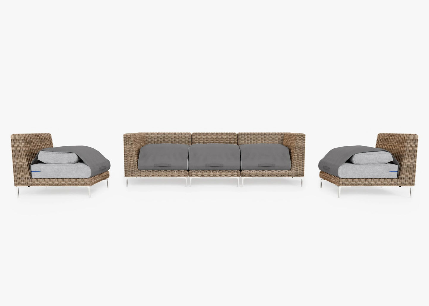 A contemporary outdoor furniture arrangement, the Brown Wicker Outdoor Sofa with Armless Chairs - Five Seat showcases an elegant three-seater sofa and two matching armless chairs. Each piece features woven rattan-style frames complemented by thin white metal legs, all set against a plain white background.