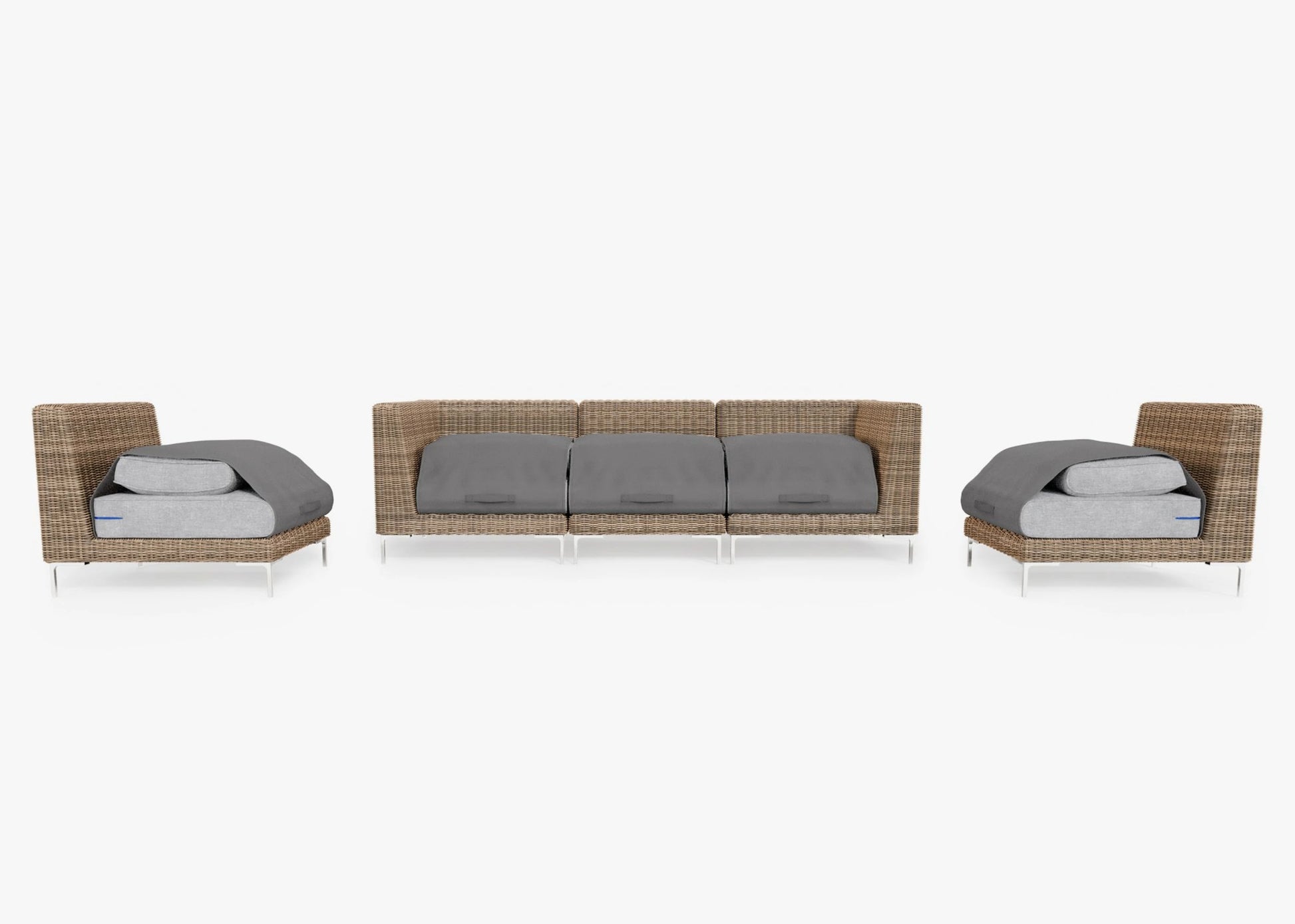 A contemporary outdoor furniture arrangement, the Brown Wicker Outdoor Sofa with Armless Chairs - Five Seat showcases an elegant three-seater sofa and two matching armless chairs. Each piece features woven rattan-style frames complemented by thin white metal legs, all set against a plain white background.