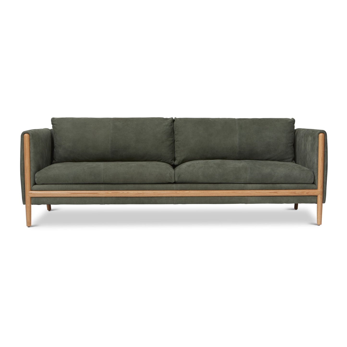 Introducing the Bungalow Leather Sofa in Verde: a contemporary green masterpiece featuring a sleek and minimalist design. It boasts plush leather cushions with two generous seat cushions, two comfortable back cushions, and elegant wooden legs and accents.