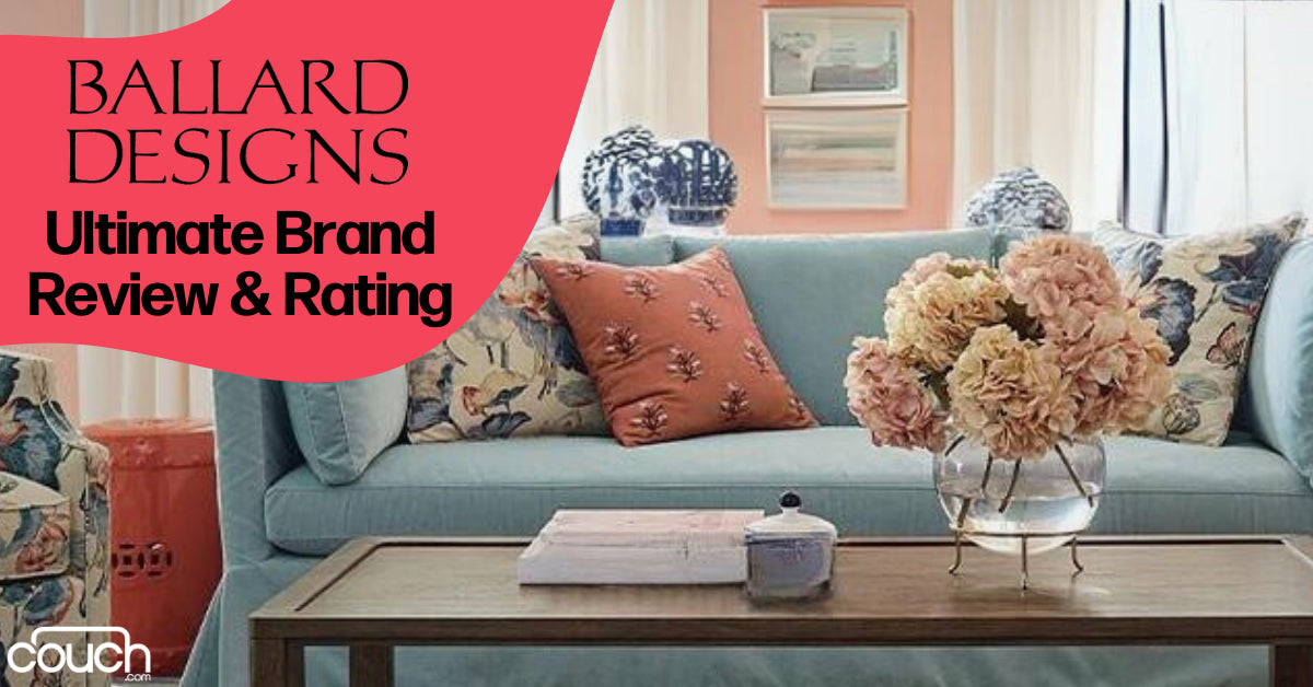 A stylish living room features a light blue couch with floral and orange pillows. A glass vase with pink flowers is on a wooden coffee table. The walls are painted in a muted peach color. Text overlay reads "BALLARD DESIGNS Ultimate Brand Review & Rating.