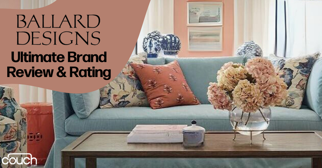 A living room featuring a light blue sofa adorned with patterned and solid pillows, a glass vase with pink hydrangeas on a wooden coffee table, and a peach-colored accent wall in the background. Text overlay reads, "Ballard Designs Ultimate Brand Review & Rating.