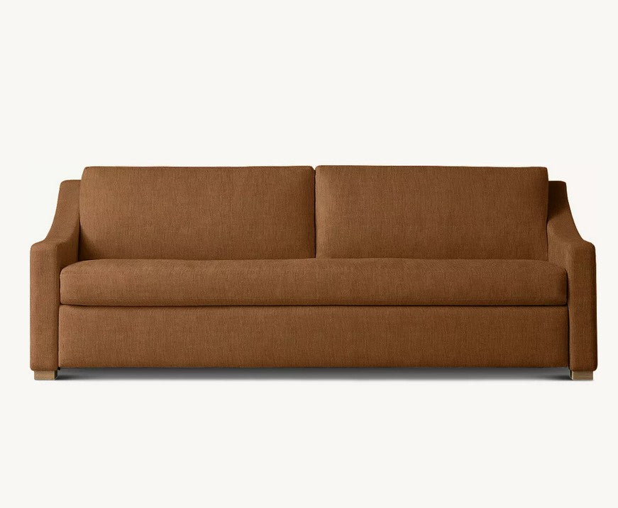 Introducing the Belgian Classic Slope Arm Premium Sleeper Sofa, a three-seater in brown with a modern and minimalist design, featuring straight arms and a cushioned backrest.